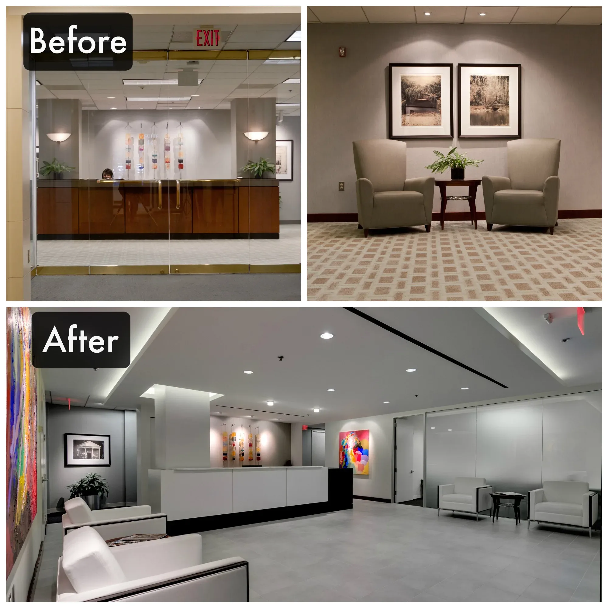 Office lobby renovation: traditional design replaced with a modern aesthetic.
